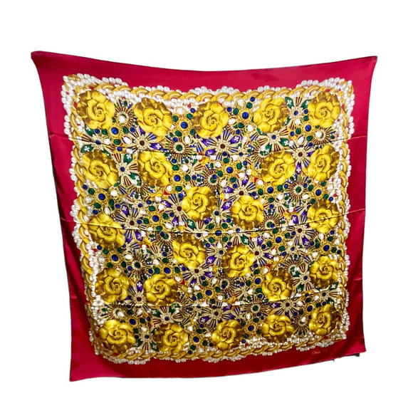 Chanel Iconic 54” Silk Shawl Jewel Camellia Motif Multicolor Large Scarf Wrap - Picture 3 of 15
